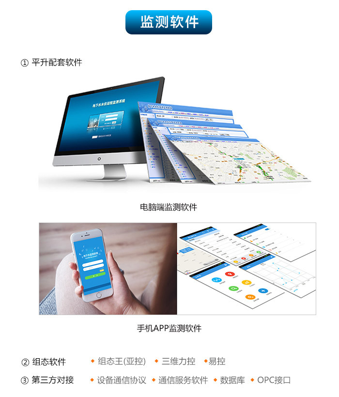 NB-IoT水位监测终端|无线水位监测仪|物联网水位监控设备，监测软件： 1. 平升配套软件：电脑端监测软件、手机APP监测软件；  2. 组态软件：组态王（亚控）、三维力控、易控；  3. 第三方对接：设备通信协议、通信服务软件、数据库、OPC。