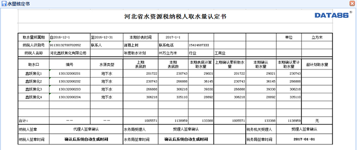 河北省水资源税纳税人取水量认定书