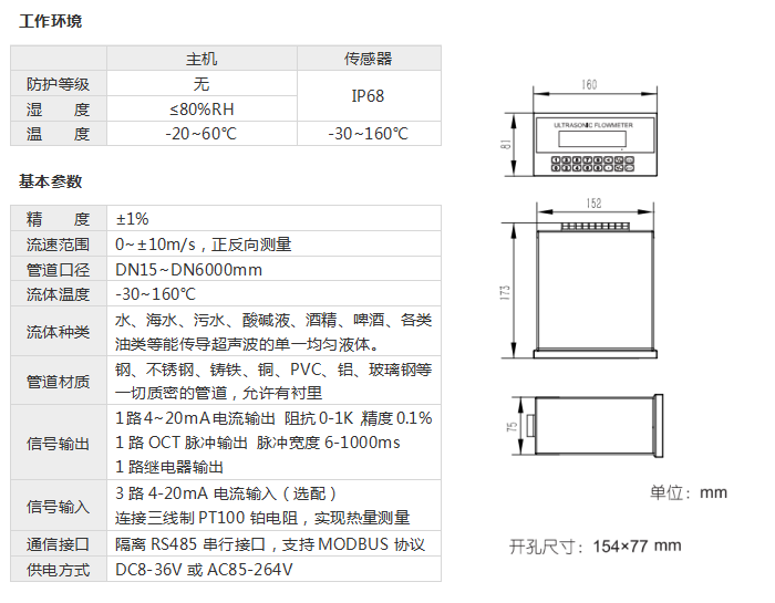 盘装外夹式超声波流量计，工作环境和基本参数