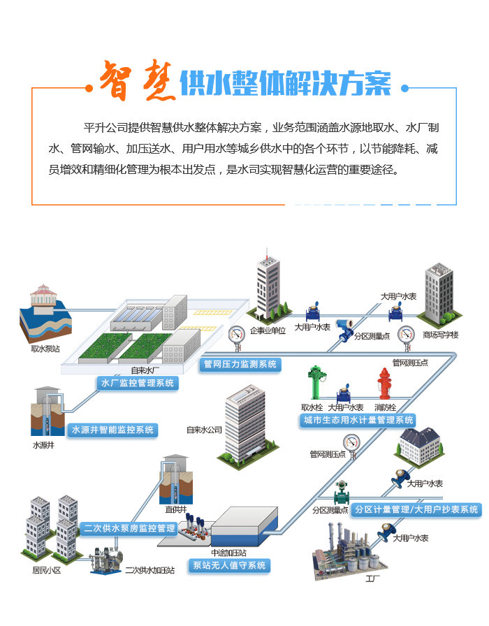 平升公司提供智慧供水整体解决方案，业务范围涵盖水源地取水、水厂制水、管网输水、加压送水、用户用水等城乡供水各个环节，以节能降耗、减员增效和精细化管理为根本出发点开始水司实现智慧化运营的重要途径。