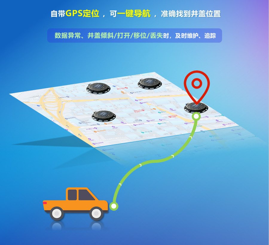 自带GPS定位 ，可一键导航 ，准确找到井盖位置，数据异常、井盖倾斜/打开/移位/丢失时，及时维护、追踪