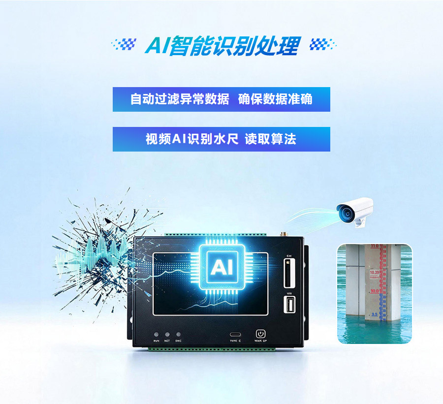 一体化水利遥测终端机搭载 AI 智能计算模块，可自动过滤水文异常采集数据；实现视频 AI 识别水尺 读取算法