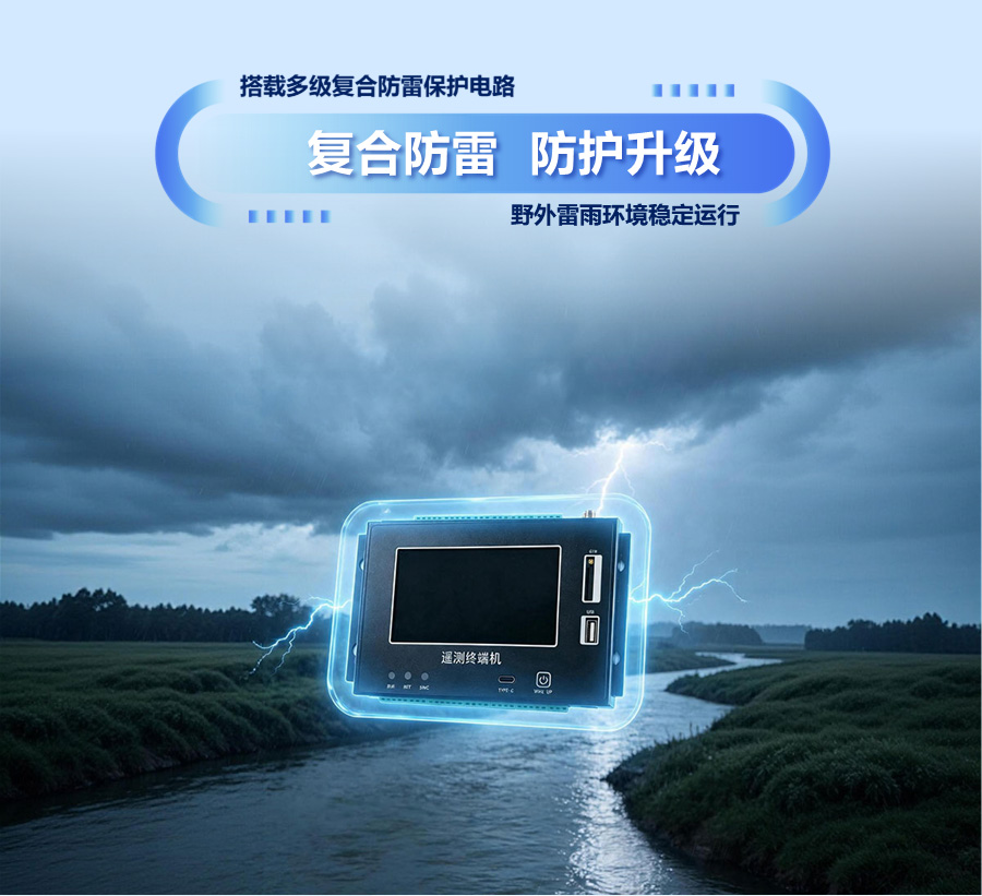 一体化水利遥测终端机搭载多级复合防雷保护电路，防护升级，野外雷雨环境也能稳定运行。